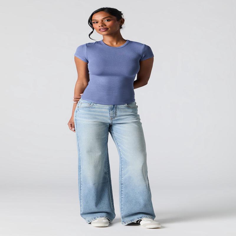 Jean extensible  jambe large dlav ple