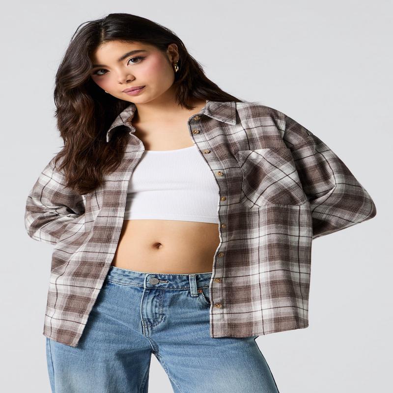 Oversized Plaid Flannel Button-Up Top