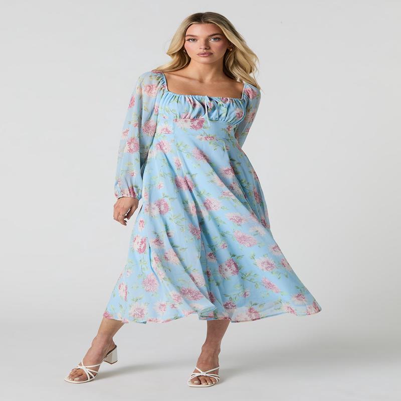 Robe trapze midi en chiffon  manches longues