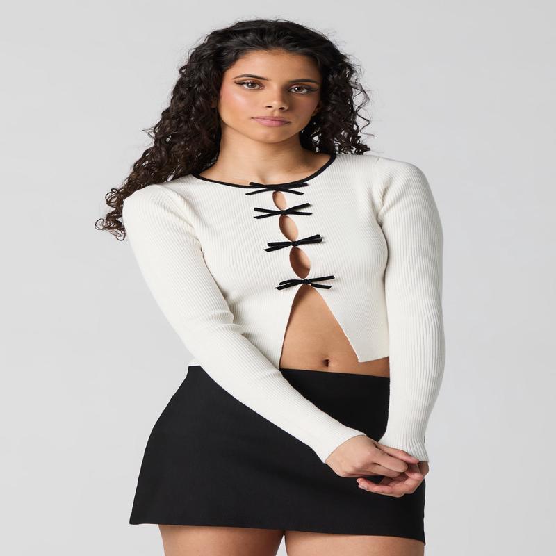 Bow Cut-Out Ribbed Sweater Knit Top