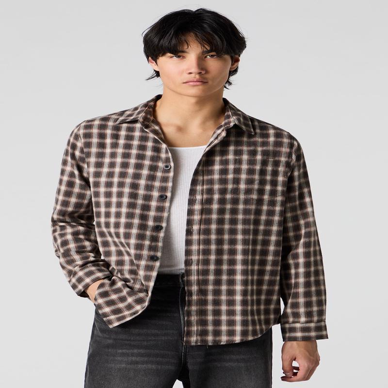 Brown Plaid Long Sleeve Button-Up Top