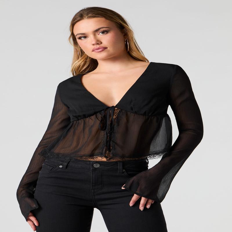 Chiffon Self-Tie Long Sleeve Flyaway Top