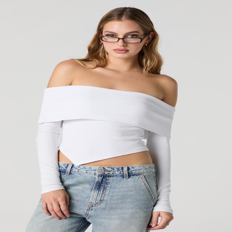 Foldover Off Shoulder Long Sleeve Top