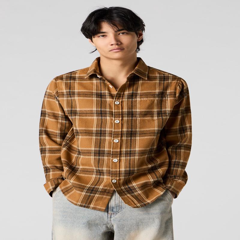 Gold Plaid Long Sleeve Button-Up Top