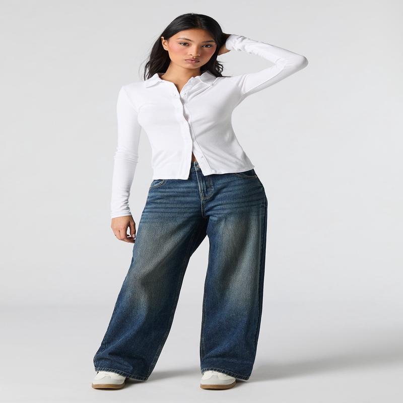 Jean extensible  jambe large dlav fonc vintage  taille basse