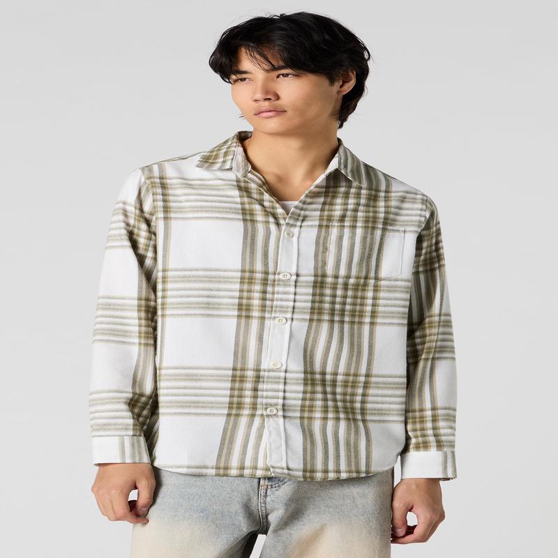 Olive Plaid Long Sleeve Button-Up Top