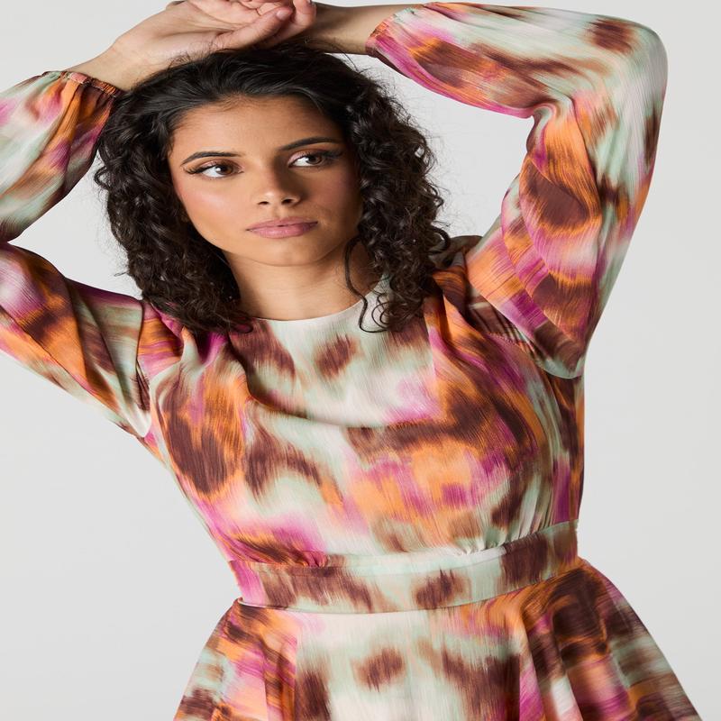 Printed Chiffon Ruffle Long Sleeve Mini Dress