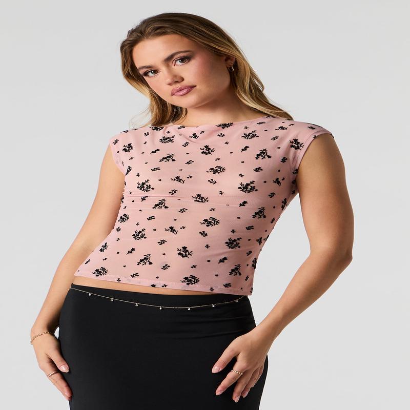 Haut en filet floqu  imprim floral