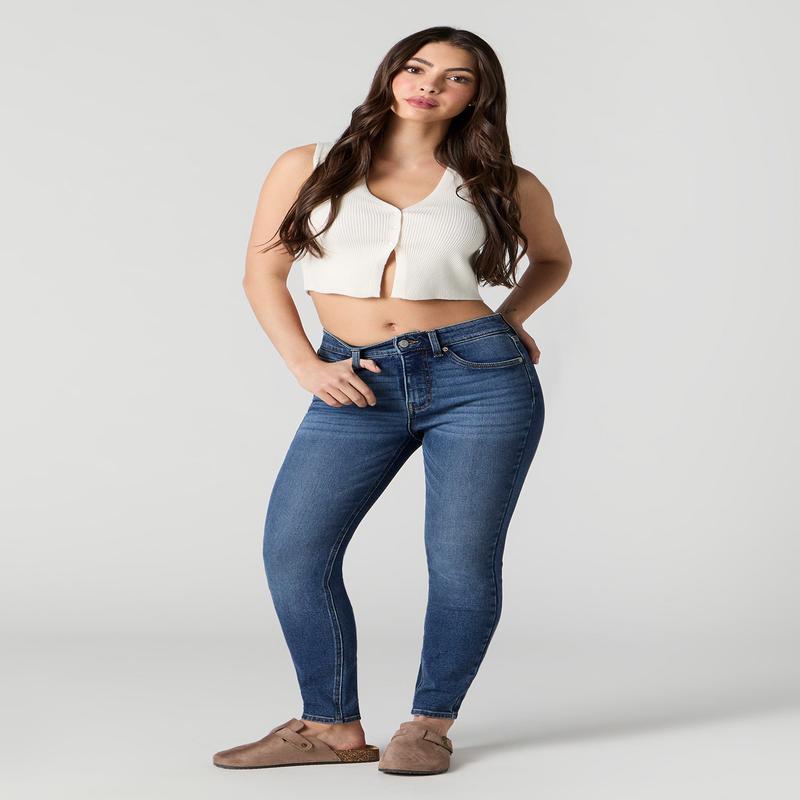 Jean ajust  taille haute dlav fonc