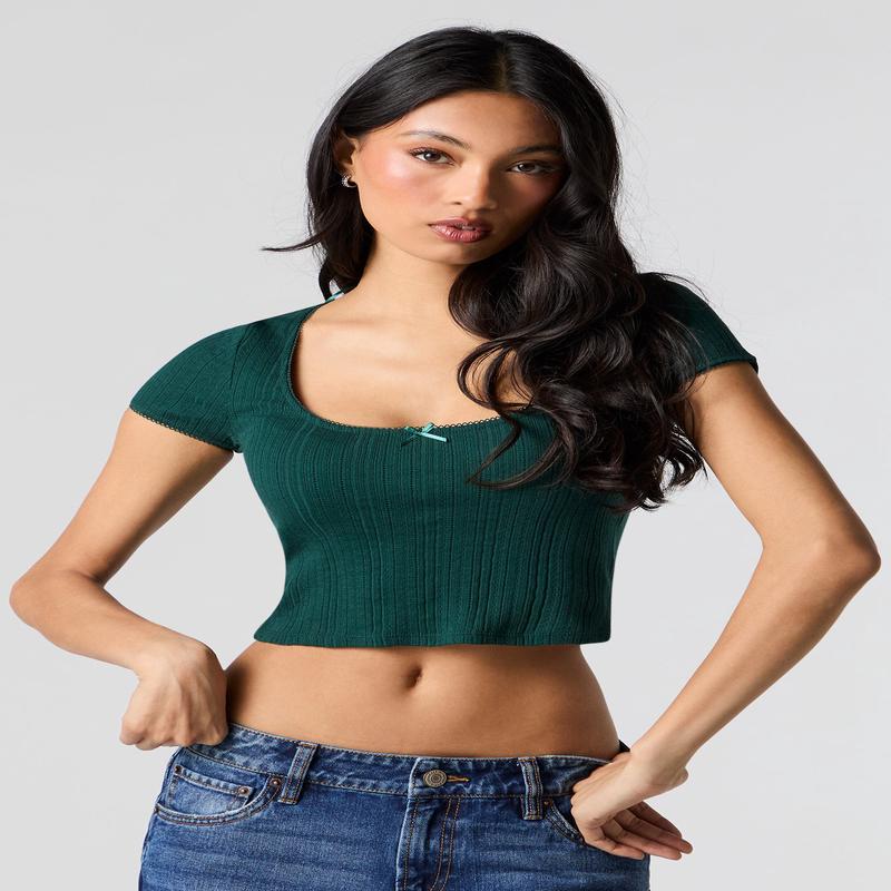 Pointelle Scoop Neck Crop Top