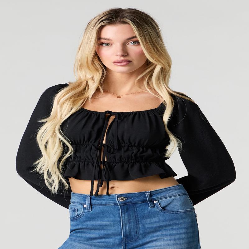 Ruched Self-Tie Front Long Sleeve Top