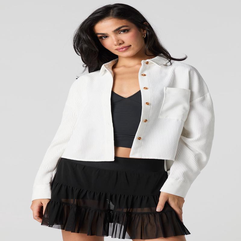 Corduroy Button-Up Cropped Long Sleeve Top