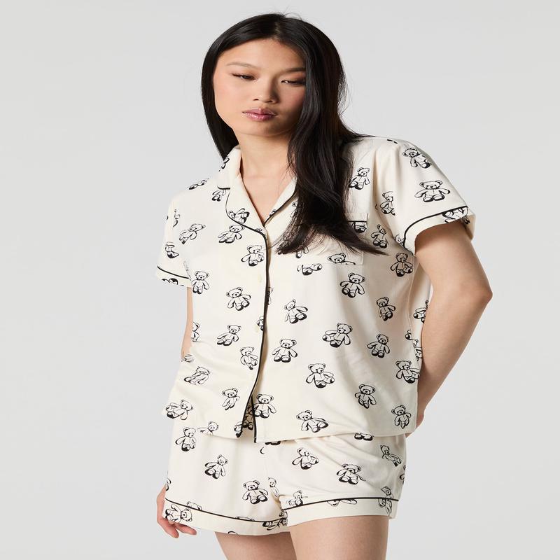 Printed Button-Up Top & Short 2 Piece Pajama Set