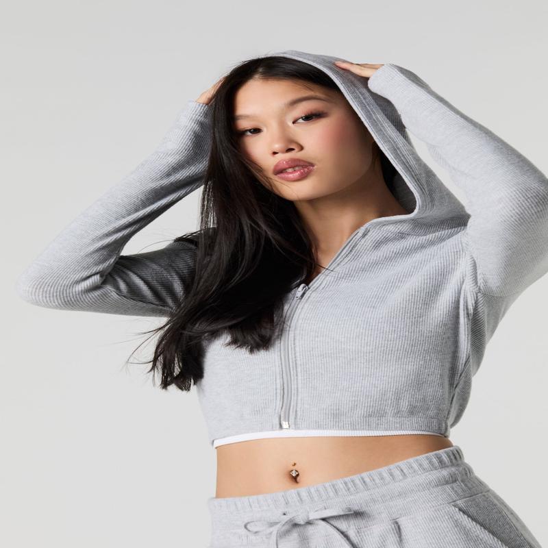 Ribbed Fleece Zip-Up Cropped Hoodie