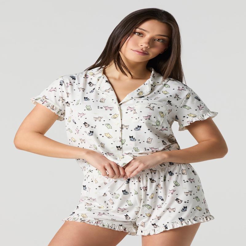 Ruffle Button-Up Top & Short 2 Piece Pajama Set