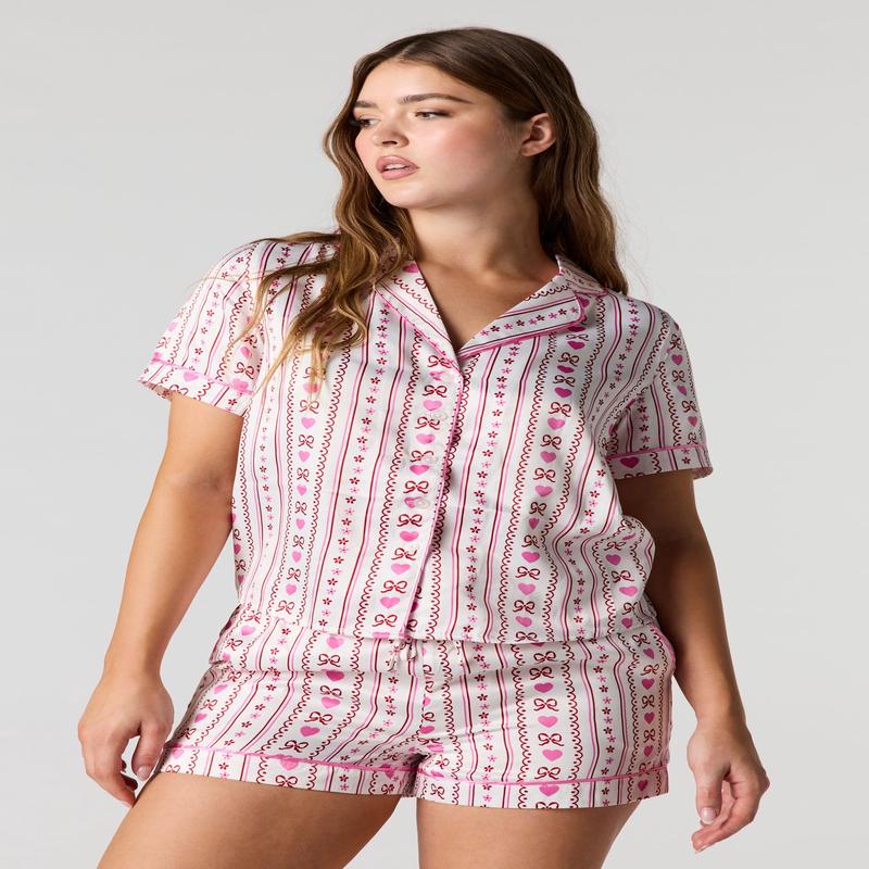 Satin Printed Button-Up Shirt & Short Pajama Set