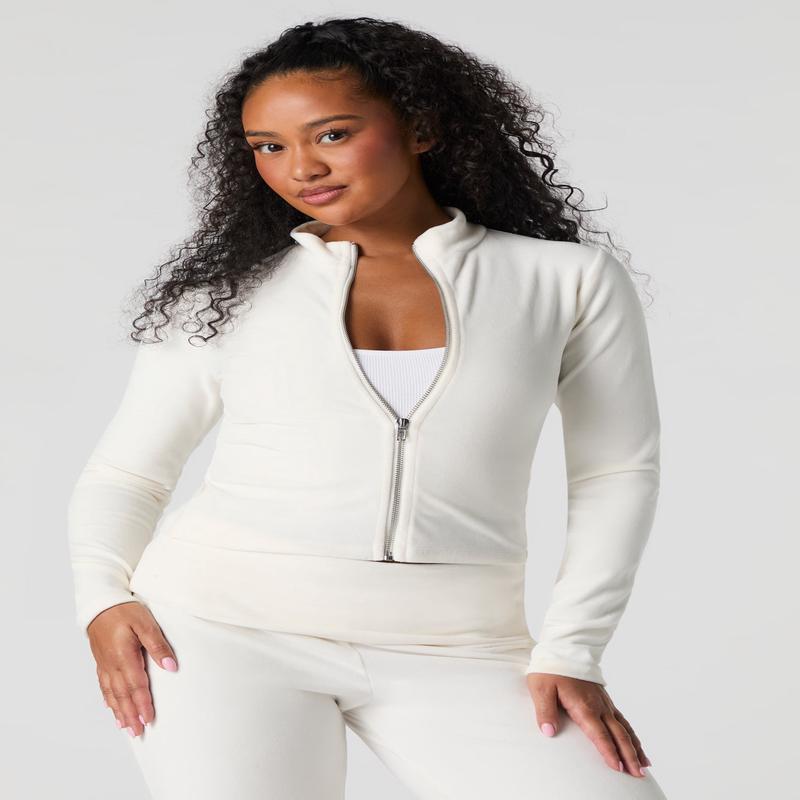 Velour Zip-Up Long Sleeve Top