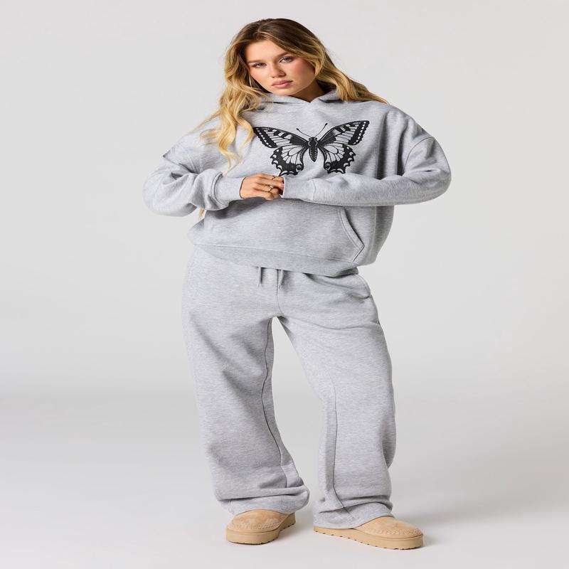 Butterfly Graphic Wide Leg Fleece Sweatpant