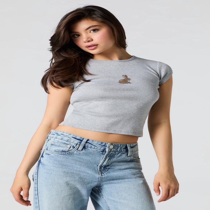 Cute Embroidered Fitted T-Shirt