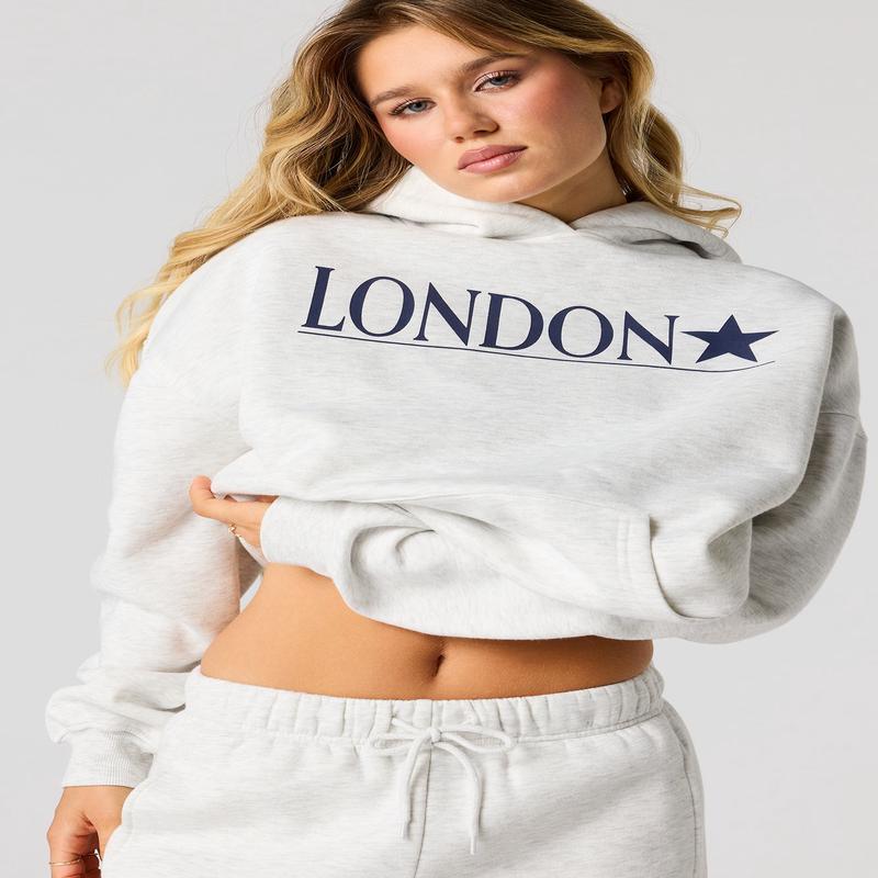 London Twill Embroidered Boxy Fleece Hoodie