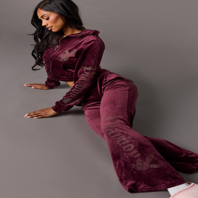 Playboy Rhinestone Velour Wide Leg Sweatpant