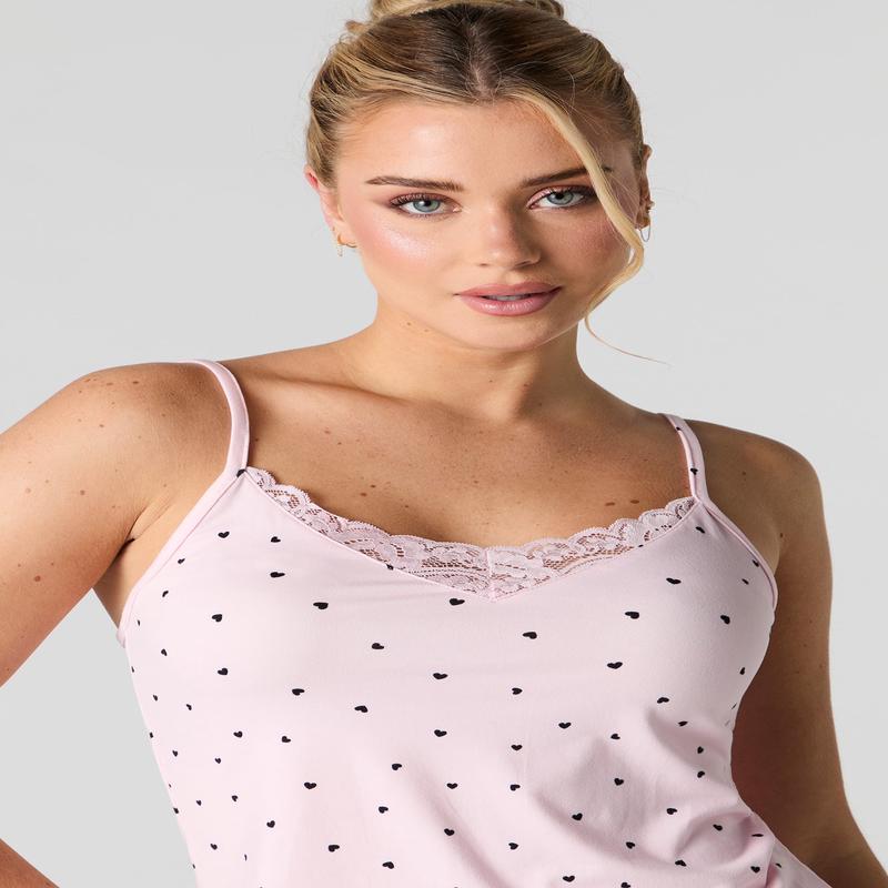 Printed Lace Trim Cami & Short 2 Piece Pajama Set