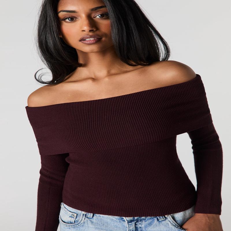 Ribbed Knit Off Shoulder Top