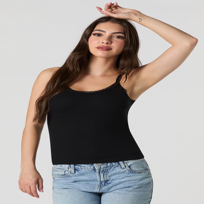 Ribbed Lace Trim Tank with Built-In Cups