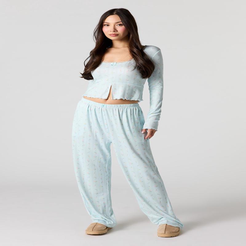Ribbed Printed Long Sleeve Top & Pant Pajama Set