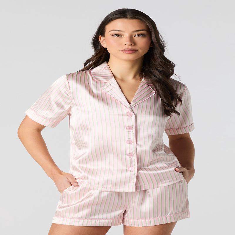 Satin Button-Up Top & Short 2 Piece Pajama Set