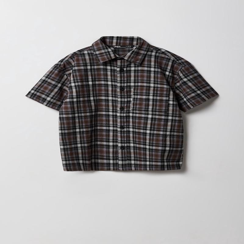 Boys Poplin Plaid Boxy Collared Short Sleeve Top