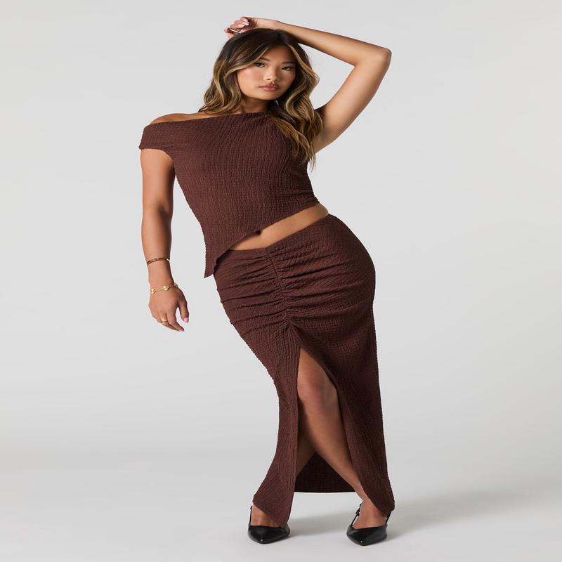 Jupe maxi texture avec ruch et fente