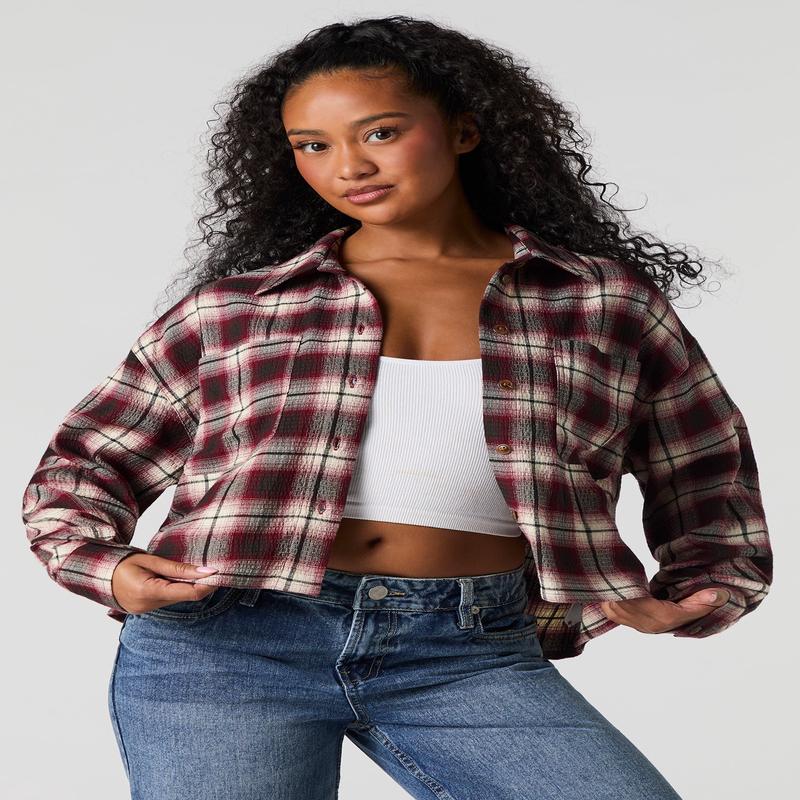 Plaid Cropped Button-Up Top