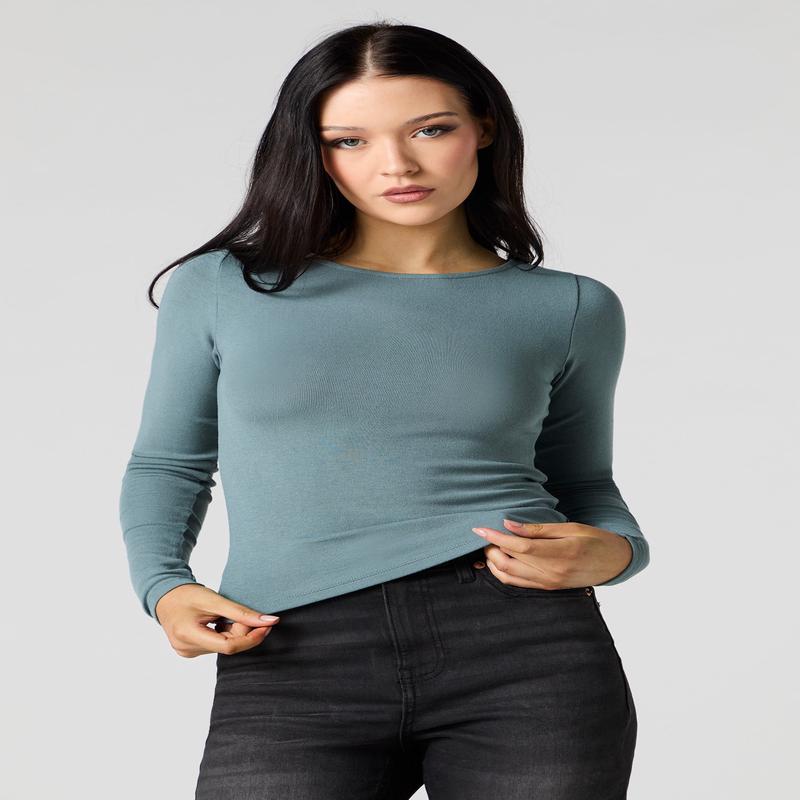 Ribbed Boat Neck Long Sleeve Top