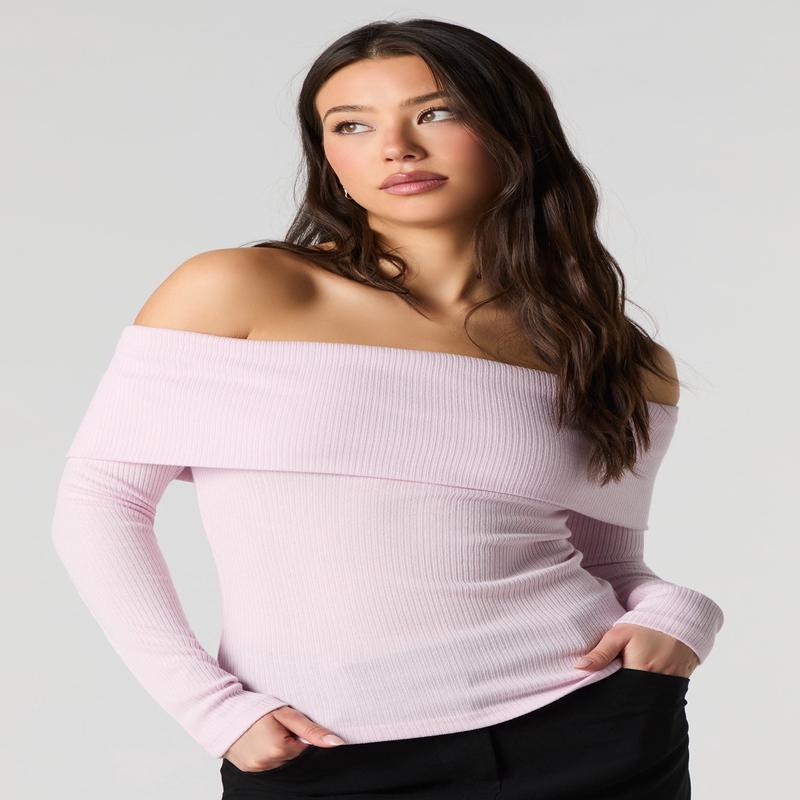Ribbed Knit Off Shoulder Long Sleeve Top