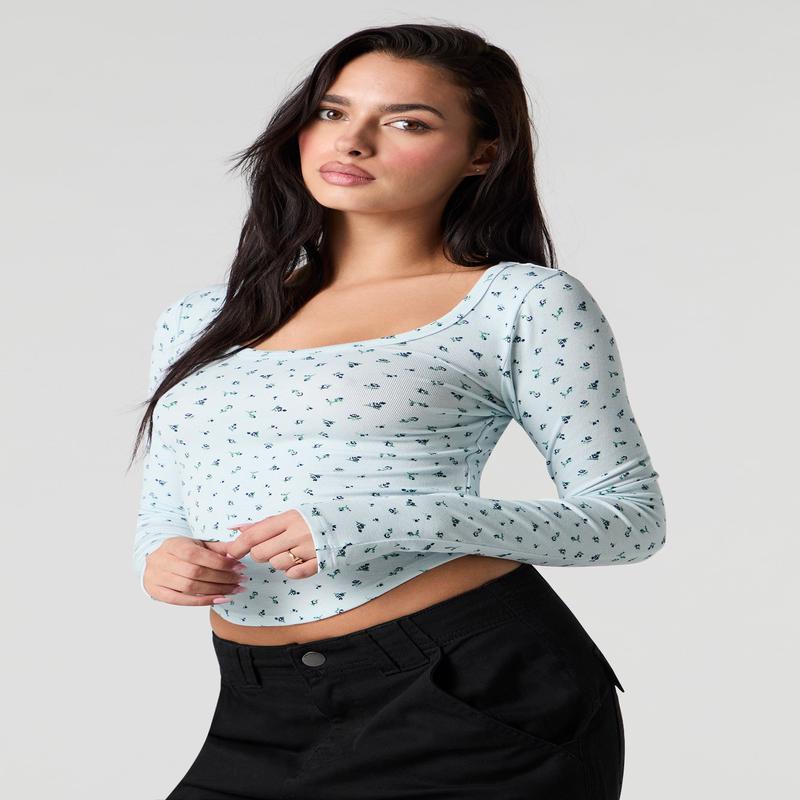 Ribbed Scoop Neck Curved Long Sleeve Top