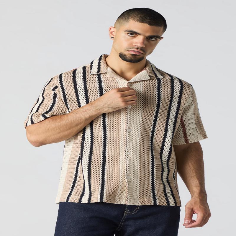 Striped Textured Button-Up Top