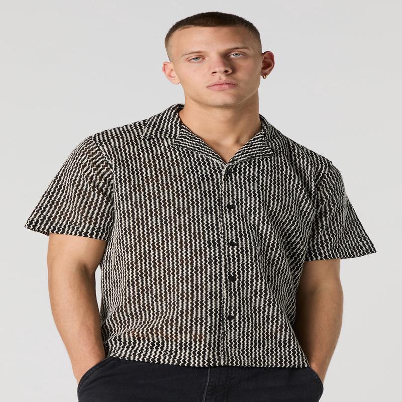 Black & White Textured Short Sleeve Button-Up Top