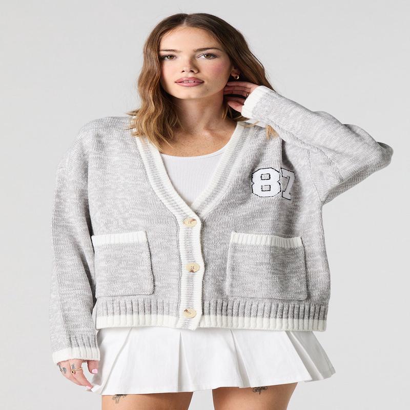 Chenille Embroidered Button-Up Knit Cardigan