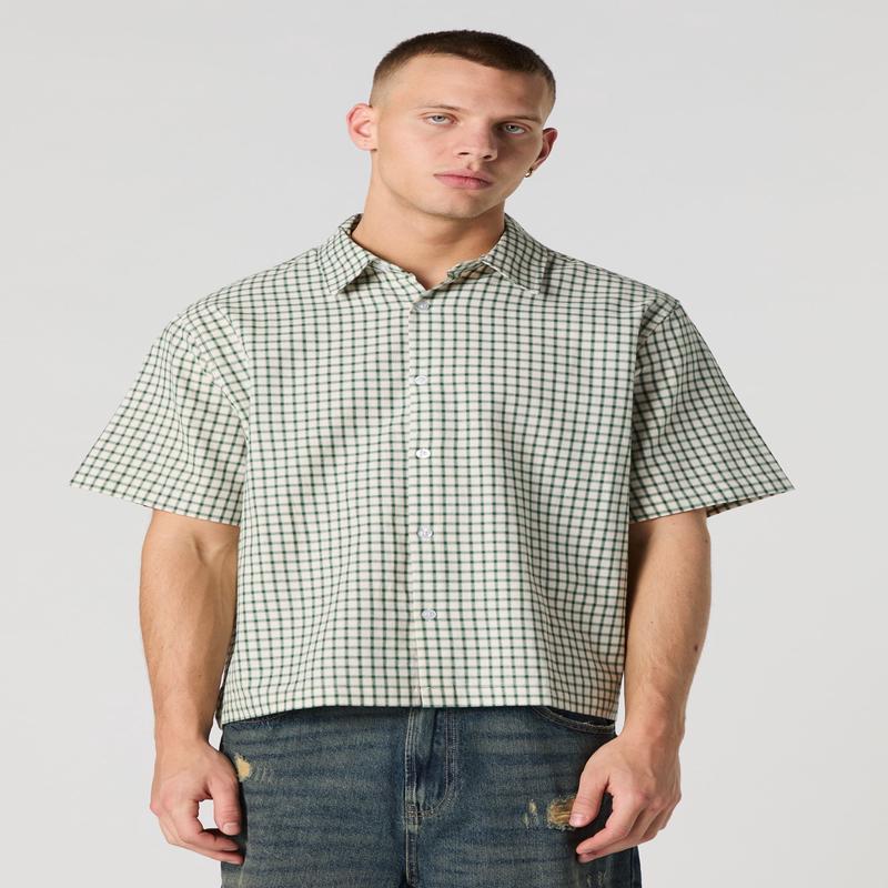 Haut boutonn carr  carreaux et manche courte