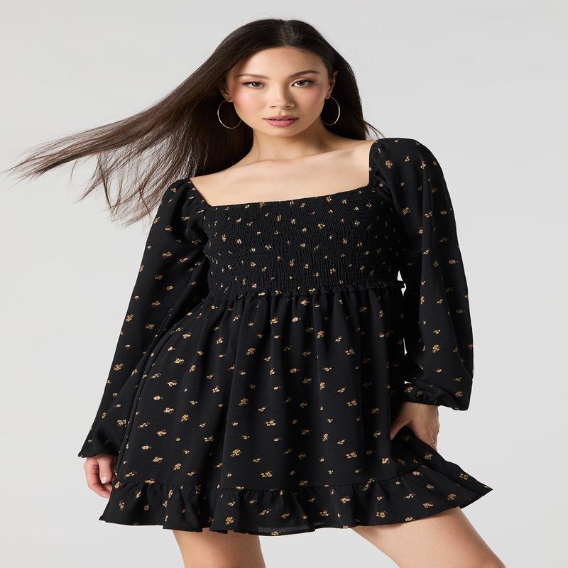 Smocked Square Neck Long Sleeve Mini Dress