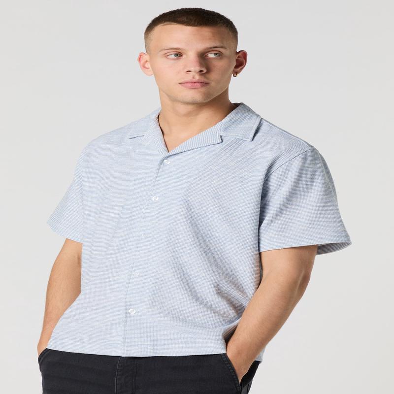 Textured Short Sleeve Button-Up Top