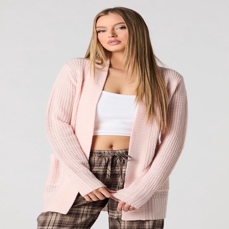 Waffle Knit Open Front Cardigan
