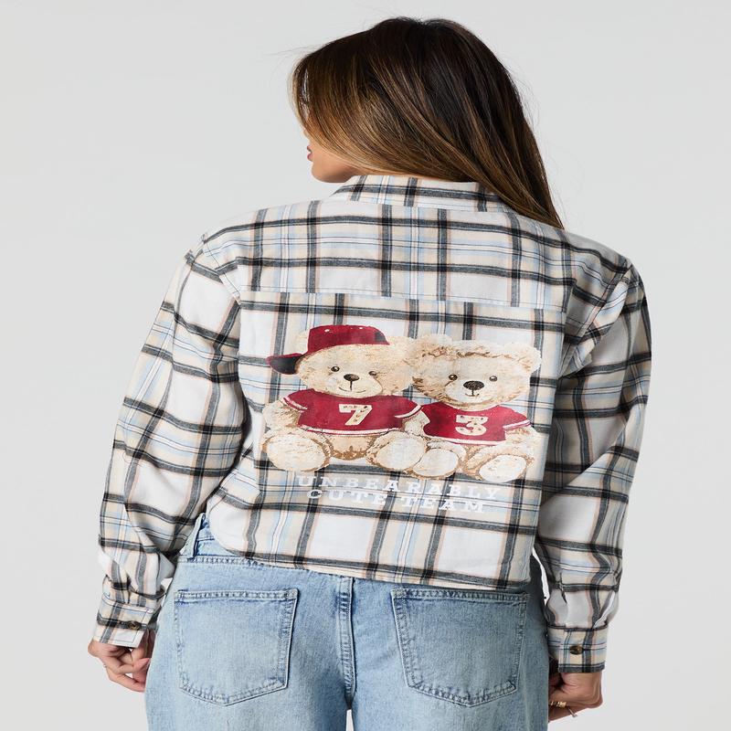 Graphic Plaid Cropped Button-Up Top