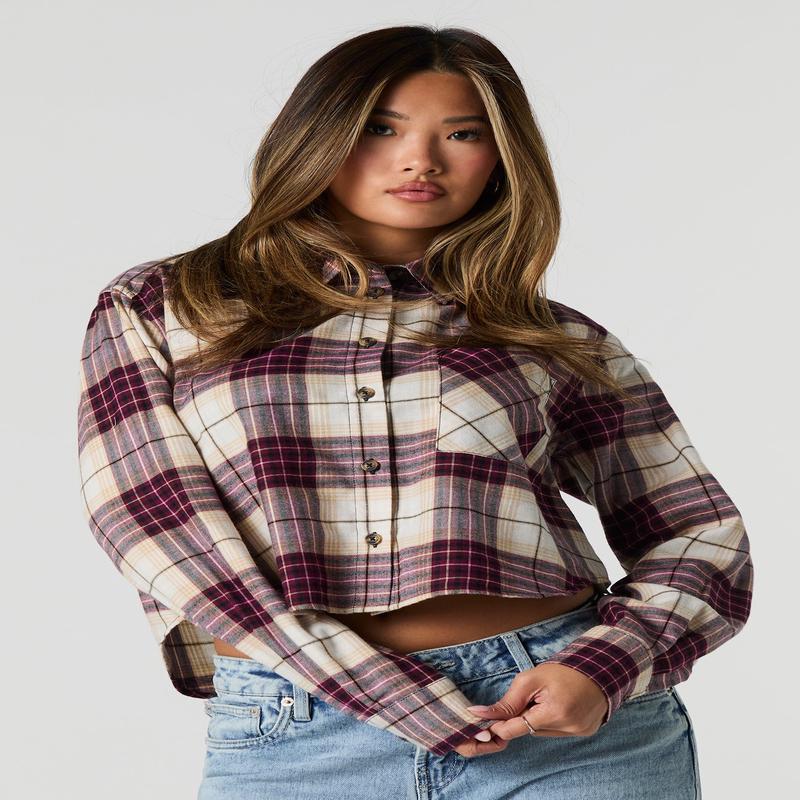 Haut court boutonn avec imprim  carreaux et broderie en serg