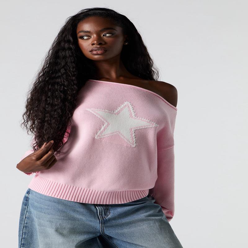 Jacquard Knit Off Shoulder Sweater