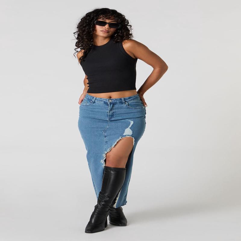 Jupe midi en denim dchir avec fente