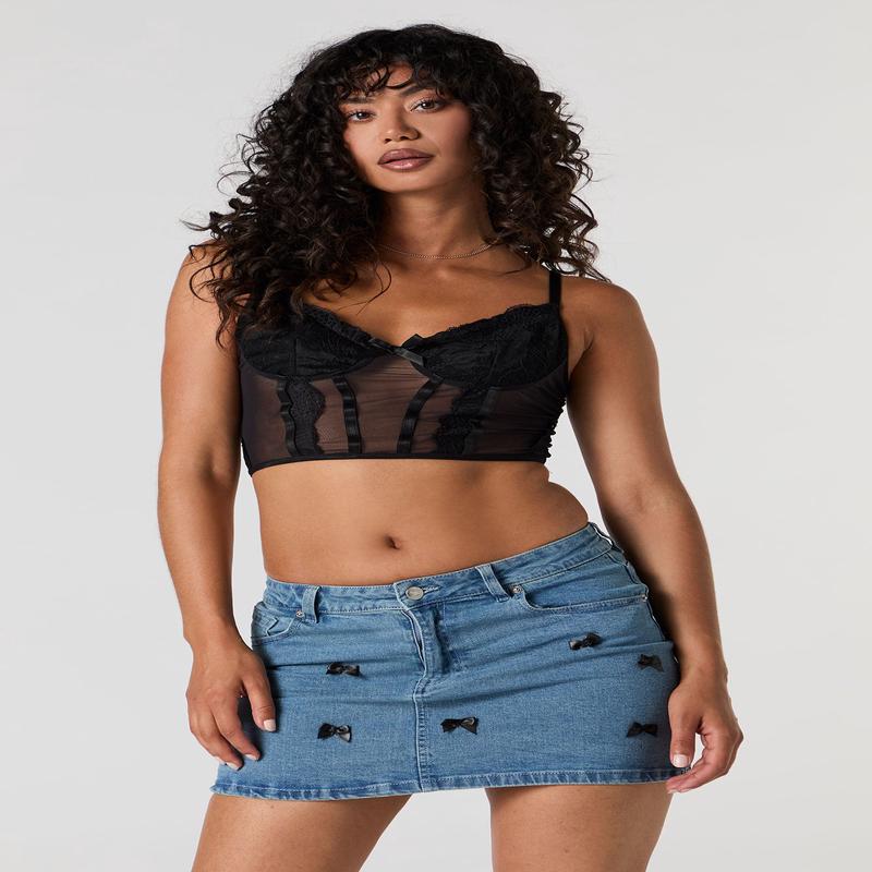 Low Rise Bow Denim Mini Skirt