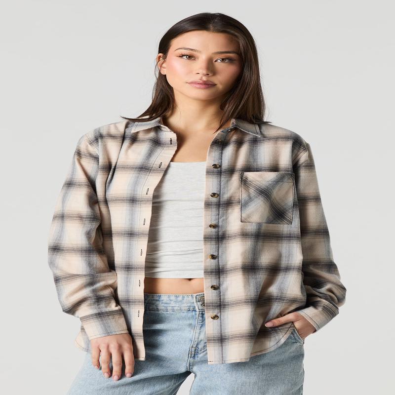 Plaid Flannel Long Sleeve Button-Up Top