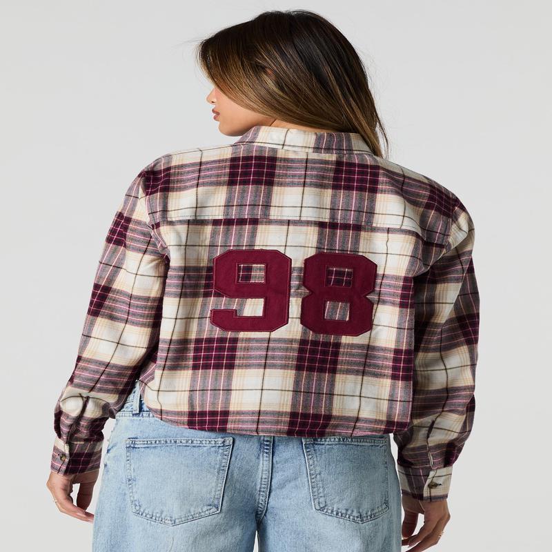 Twill Embroidered Plaid Cropped Button-Up Top